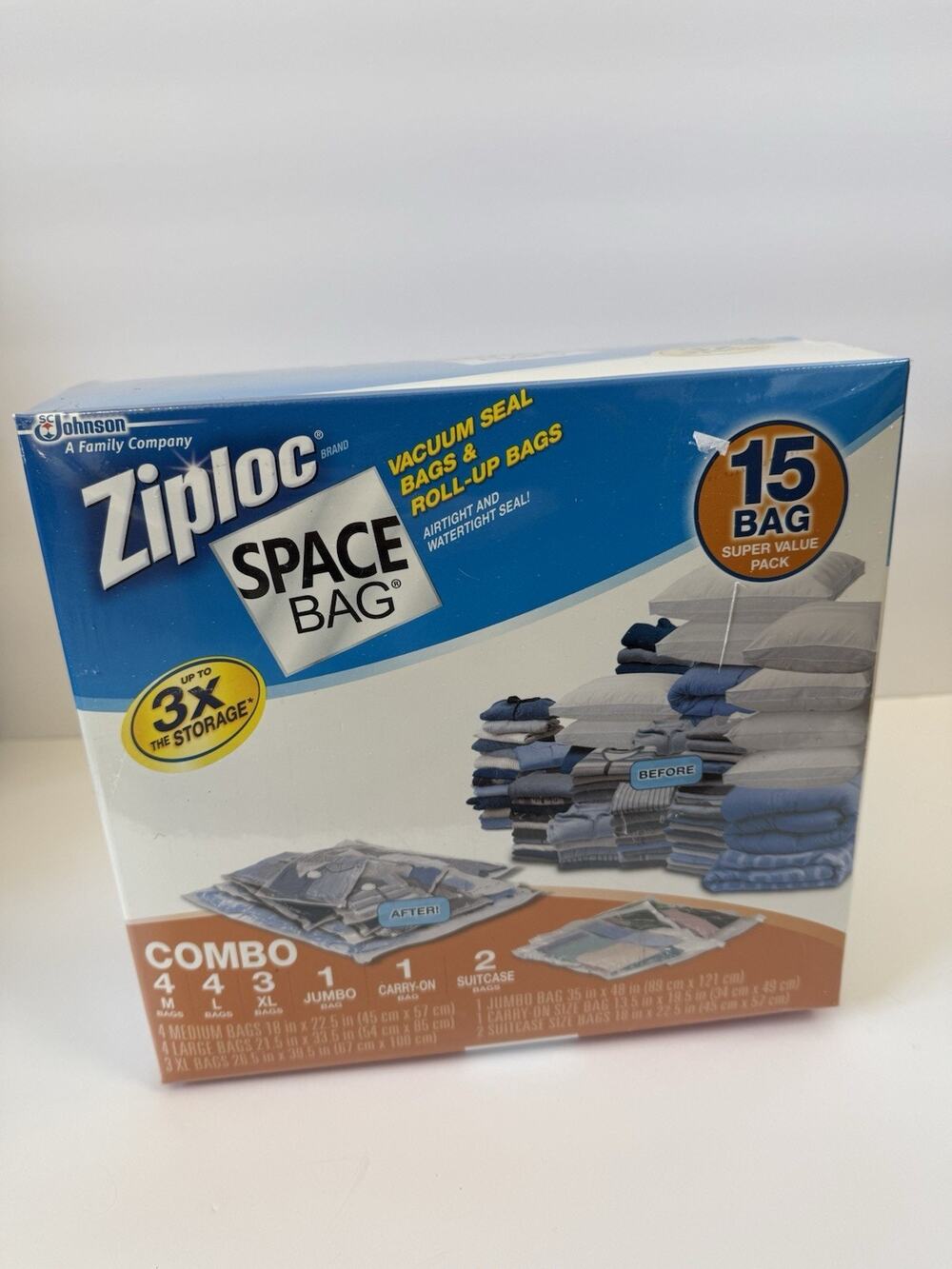 Ziploc Vacuum Seal Space Bag Box of 15 M L XL Jumbo Carry On Suitcase Sealed